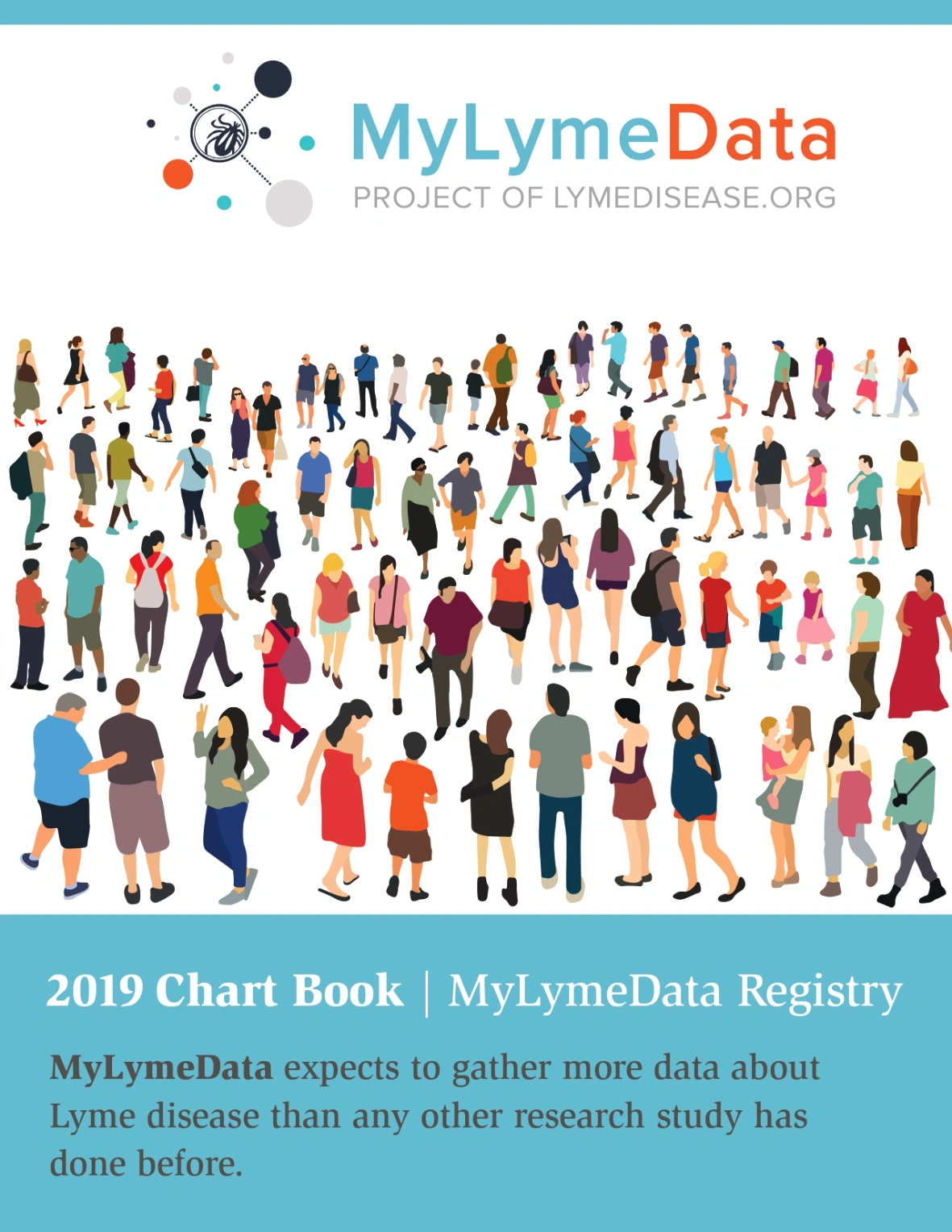 Cover of the 2019 MyLymeData Registry Chart Book featuring an illustration of people participating in patient-powered research.